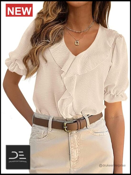 Tops - V Neck Ruffle Top, Puff Sleeve Blouse, Short Sleeve, Lightweight